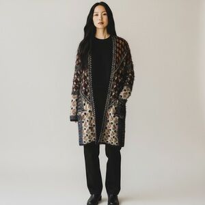 BCBGMaxAzria Geometric Knit Cardigan Sweater with Chain Detail & Pockets M/L